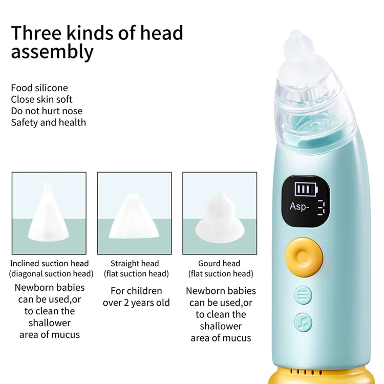 Electric Baby Nose Vacuum Cleaner – Adjustable Nasal Aspirator for Infants & Toddlers, Rechargeable with HD Display, Music & Lights, 3 Silicone Nozzles & Suction Levels