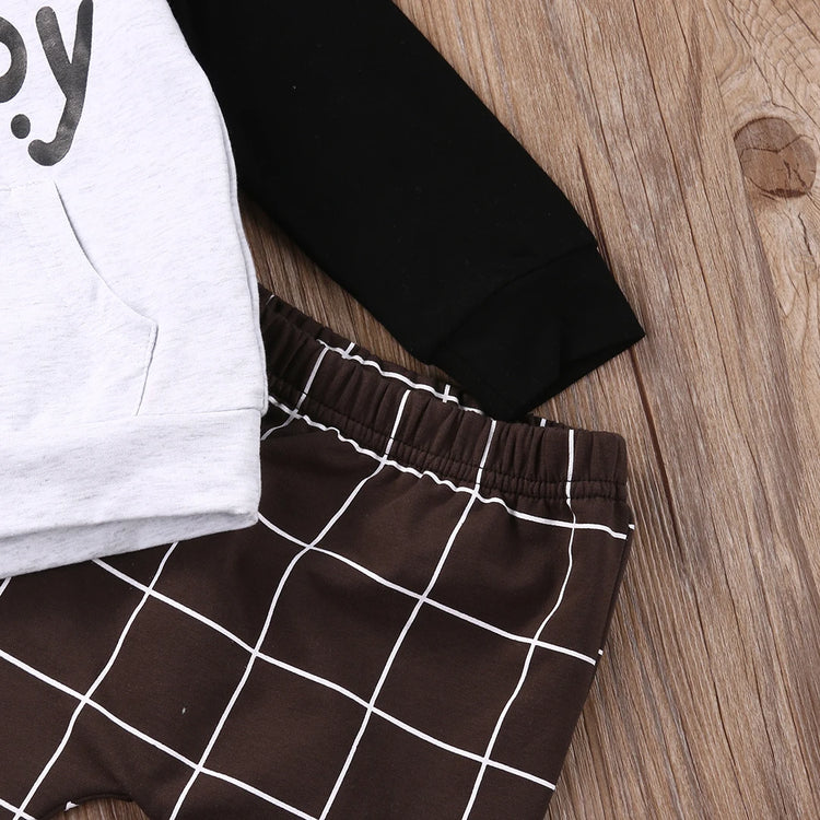 Pudcoco 2pcs Toddler Baby Boy Clothes Set – "OH BOY" Print Hoodie & Plaid Pants – Casual Unisex Outfits for 0-6 Months