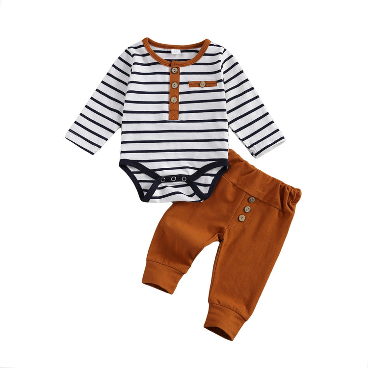 lioraitiin 2-Piece Baby Casual Outfit – Long Sleeve Striped Romper & Loose Trousers for Boys and Girls