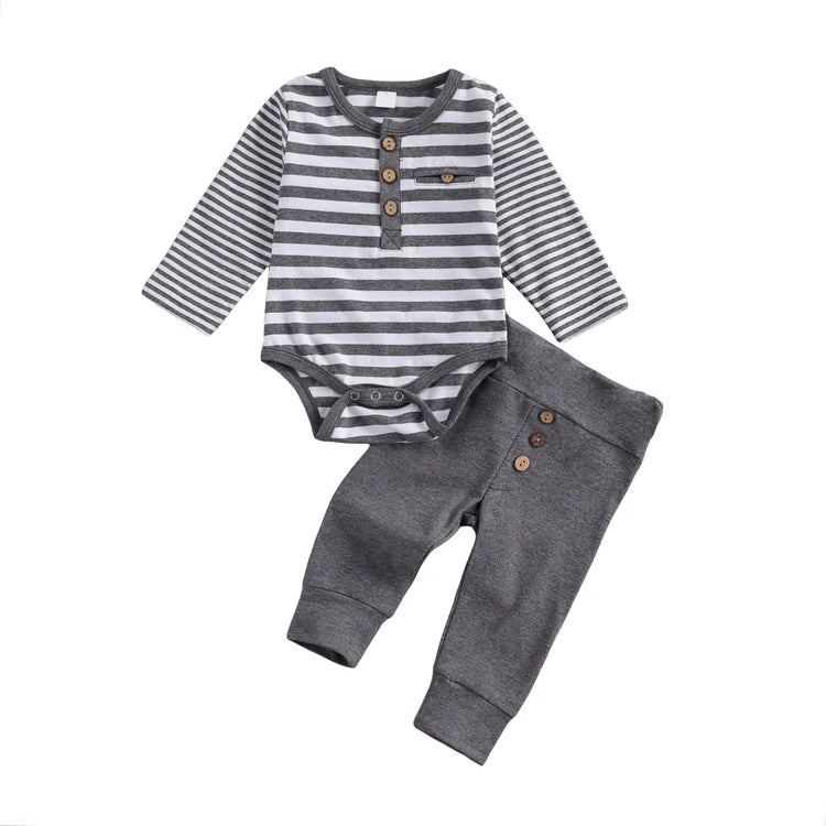 lioraitiin 2-Piece Baby Casual Outfit – Long Sleeve Striped Romper & Loose Trousers for Boys and Girls