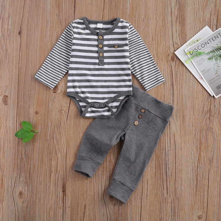 lioraitiin 2-Piece Baby Casual Outfit – Long Sleeve Striped Romper & Loose Trousers for Boys and Girls