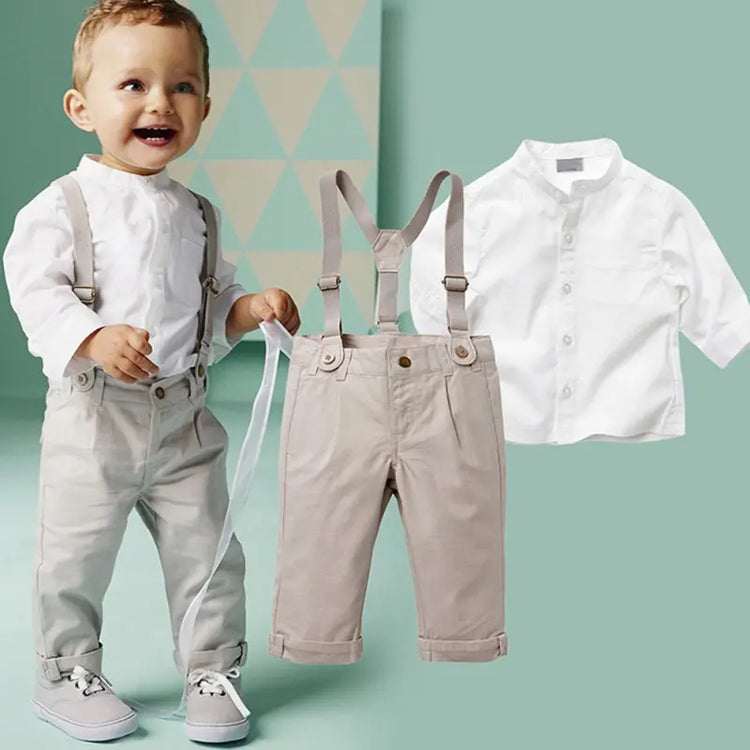 Bobora Baby Boy Toddler 2-Piece Set – Formal Shirt & Bib Pants for Wedding, Party & Daily Wear (Spring/Autumn)