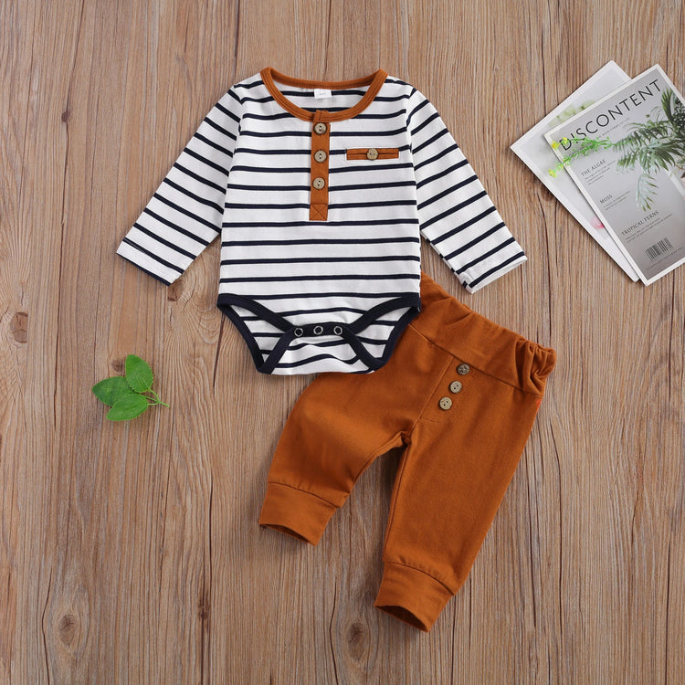 lioraitiin 2-Piece Baby Casual Outfit – Long Sleeve Striped Romper & Loose Trousers for Boys and Girls