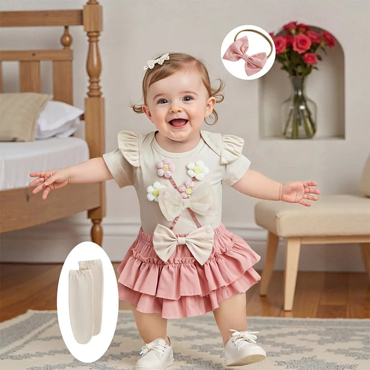 Toddler Girls Floral Print Romper with Ruffle Sleeves, Matching Shorts & Headband – Cute Summer Baby Outfit Set