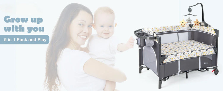 Pack and Play, 5 in 1 Baby Bedside Sleeper with Bassinet, Diaper Changer, Mattress, Carry Bag, Music Box Hanging Toys (Bear)