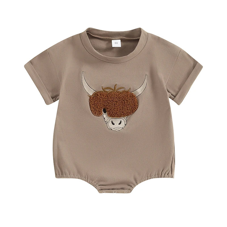 Lioraitiin 0–18M Baby Boy Girl Romper – Round Neck Cow Embroidery Short Sleeve Jumpsuit, Infant Summer Outfit