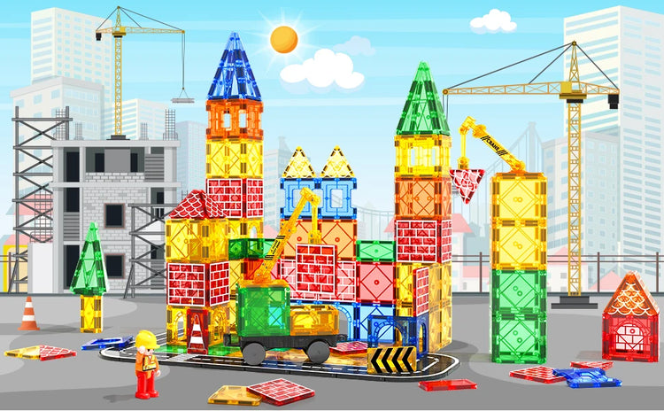 Magnetic Tiles Road Set with Magnet Crane & Car Toys – Construction Magnetic Building Blocks for Kids Ages 3–8, Creative STEM Toy