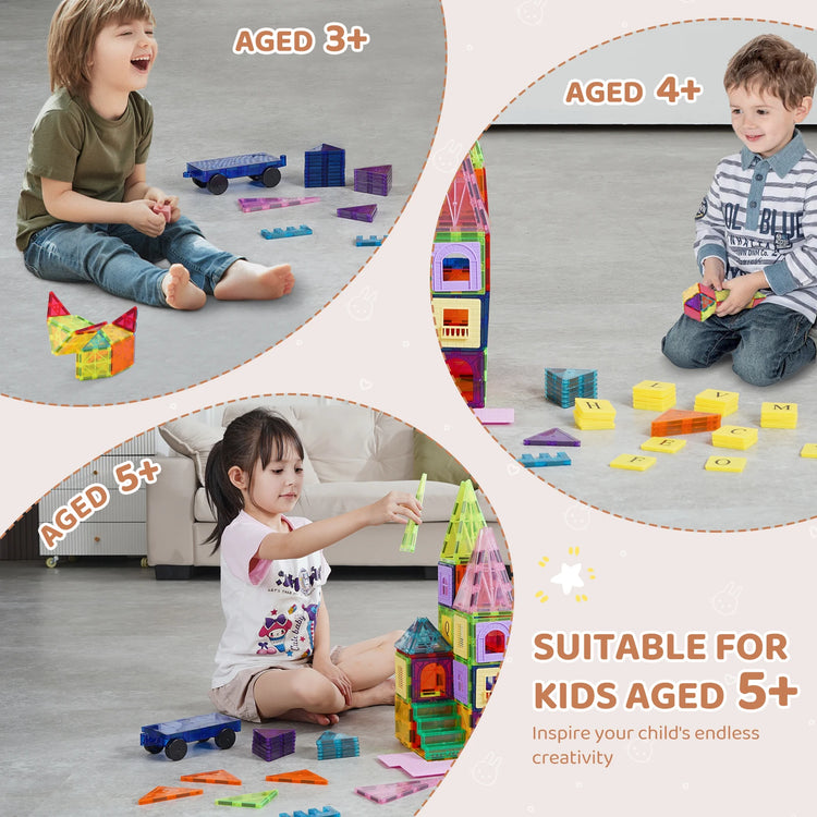 Magnetic Building Blocks Set – 121PCS Magnetic Tiles with Car Bases & Numbers, Construction Puzzle Toys for Kids, Montessori STEM Gifts for Boys & Girls Ages 3+