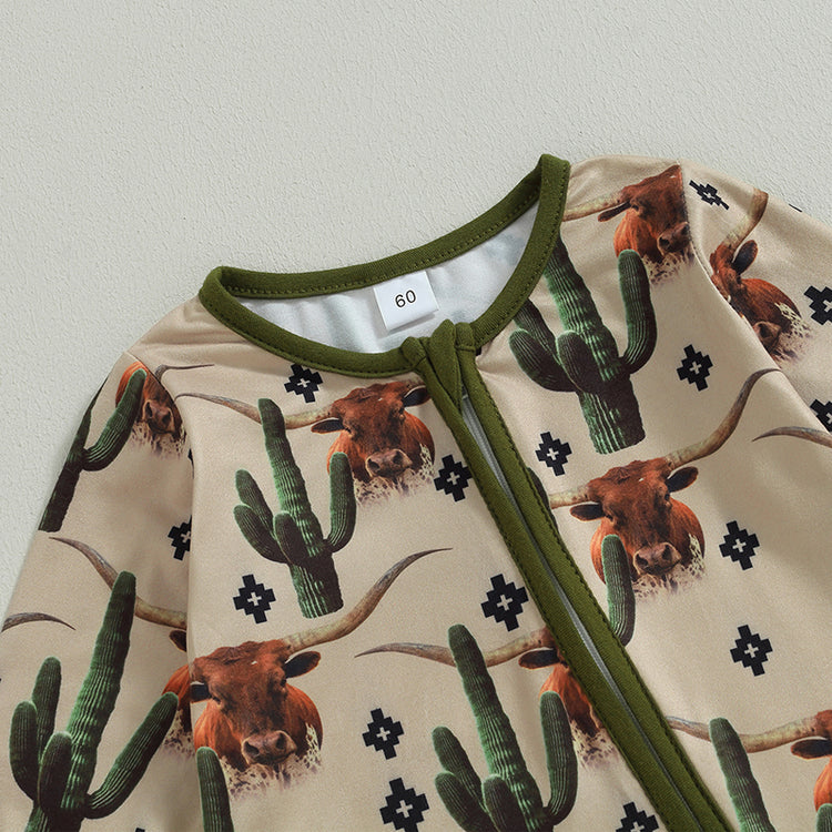 Lioraitiin Infant Baby Boys Jumpsuit – Long Sleeve Cow/Horse Print Zipped Romper for Autumn (0-12M)