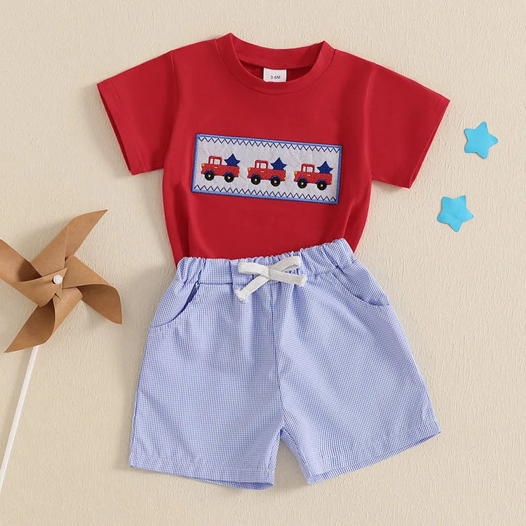 Lioraitiin Toddler Baby Boy 4th of July Outfit – Short Sleeve Truck & Flag Embroidery T-Shirt with Matching Shorts Set