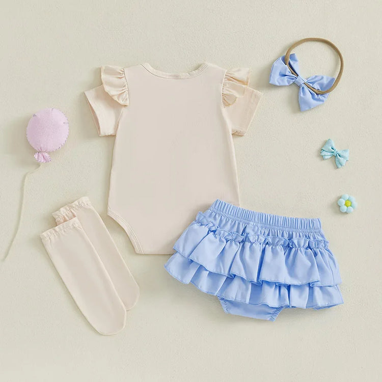 Toddler Girls Floral Print Romper with Ruffle Sleeves, Matching Shorts & Headband – Cute Summer Baby Outfit Set