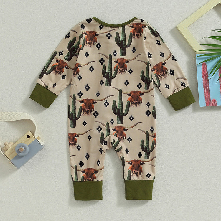 Lioraitiin Infant Baby Boys Jumpsuit – Long Sleeve Cow/Horse Print Zipped Romper for Autumn (0-12M)