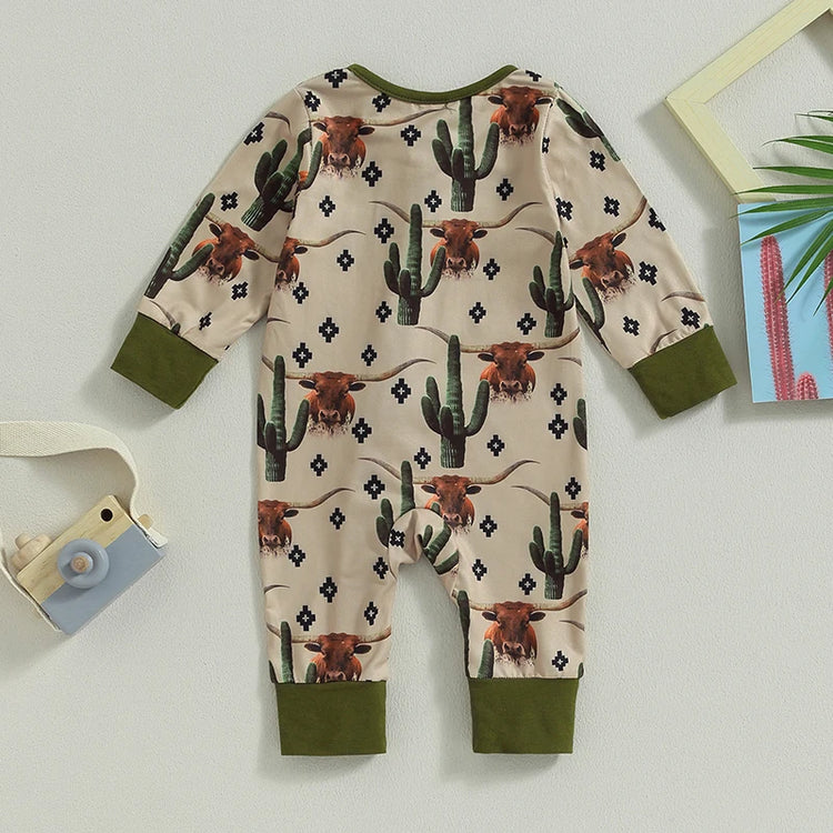 Lioraitiin Infant Baby Boys Jumpsuit – Long Sleeve Cow/Horse Print Zipped Romper for Autumn (0-12M)