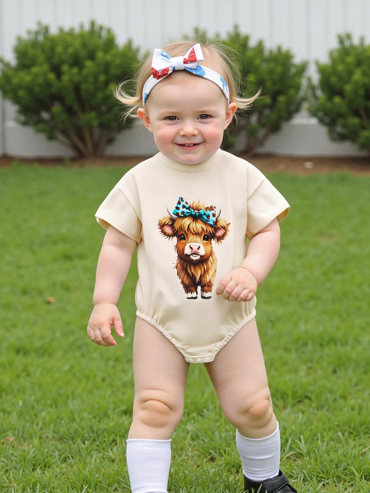 Baby Girl Highland Cow Romper – Soft Cotton Summer Bodysuit | Lioraitiin