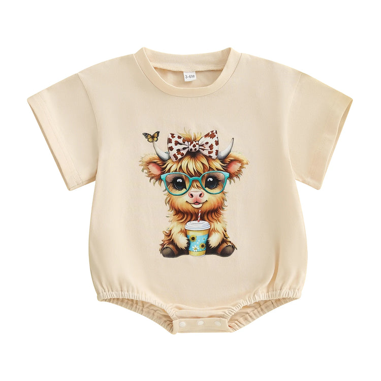 Baby Girl Highland Cow Romper – Soft Cotton Summer Bodysuit | Lioraitiin