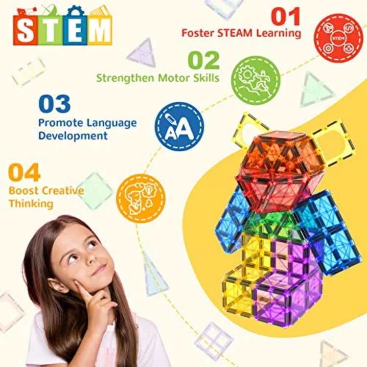 🧲 60 PCS Magnetic Building Tiles for Kids – STEM Magnet Blocks Set for Ages 3+ By Coodoo | Educational Construction Toys | Sensory Learning | Safe Plastic