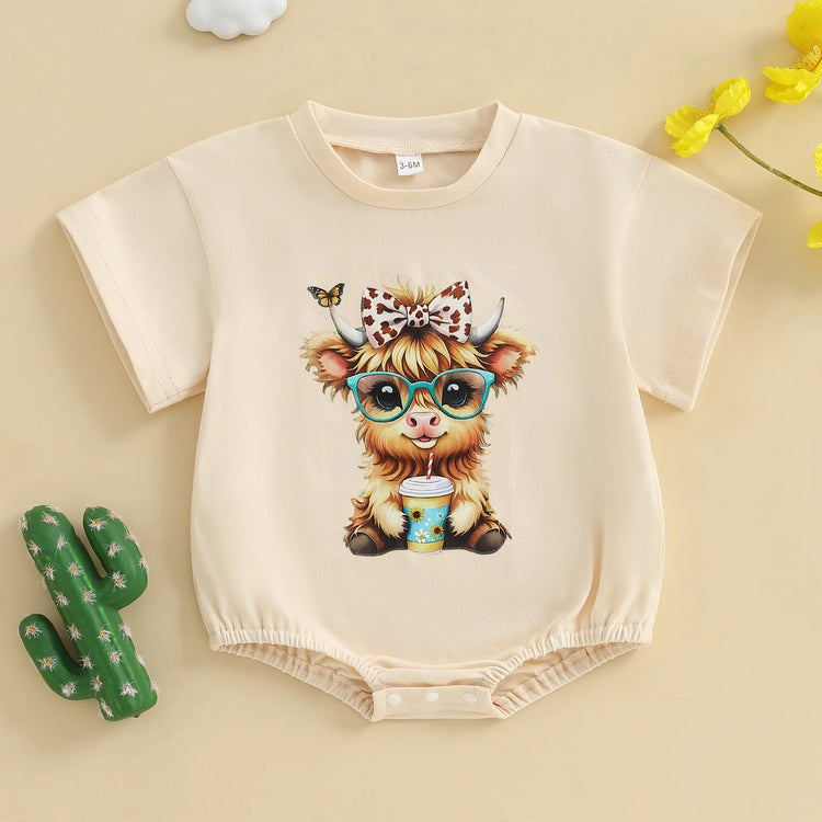 Baby Girl Highland Cow Romper – Soft Cotton Summer Bodysuit | Lioraitiin