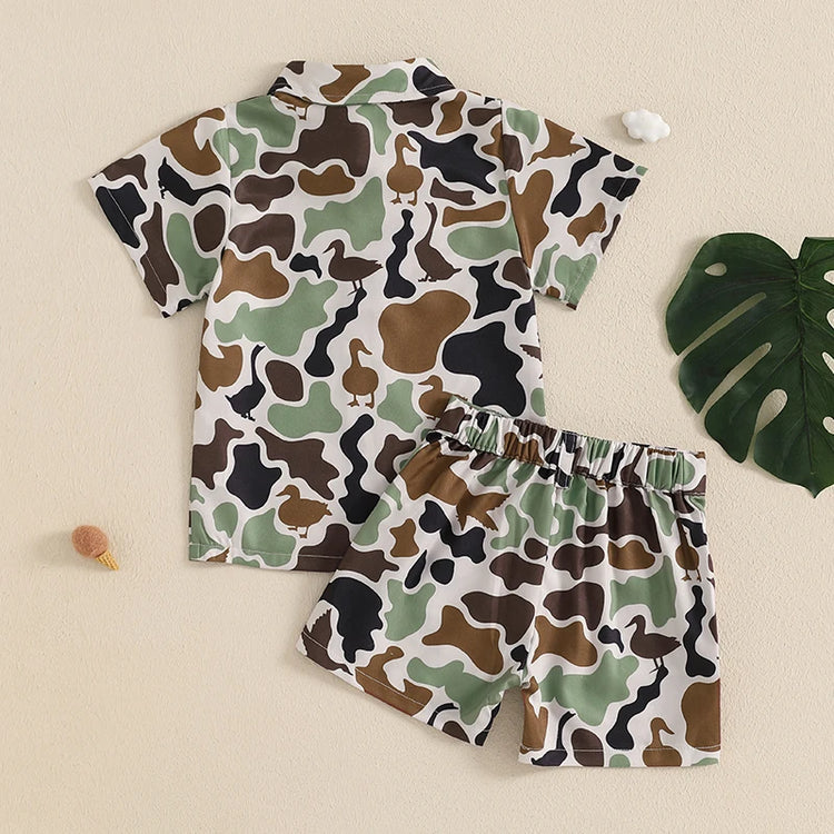Infant Boy’s Summer Camo Print Short Sleeve Shirt & Shorts Set with Button-Down Collar – 2 Piece Outfit