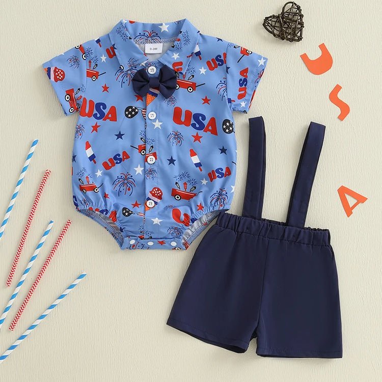 Toddler Boys 4th of July Outfit – Short Sleeve Bowtie Romper & Suspender Shorts Set – Independence Day Baby Clothes
