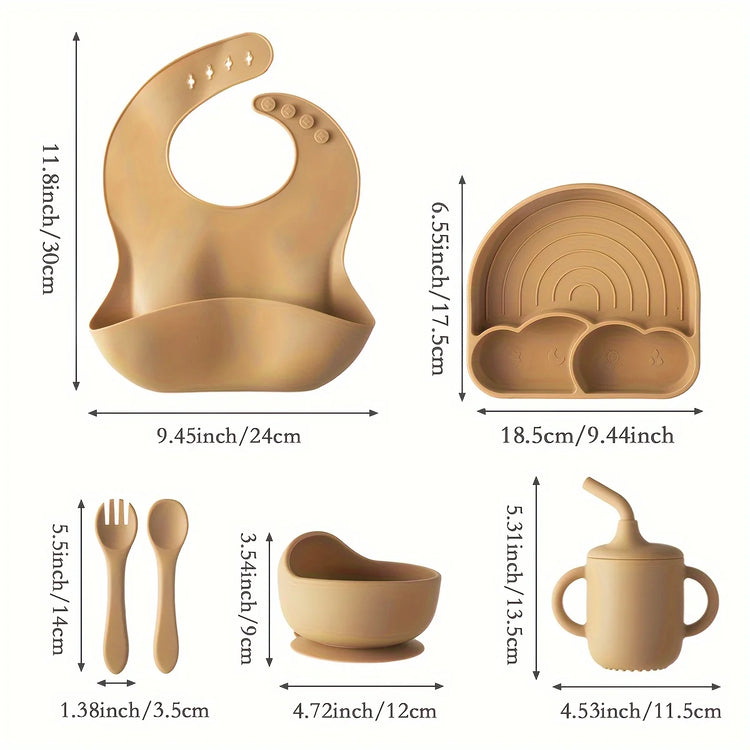 6 PCS Silicone Baby Feeding Set Baby Led Weaning Supplies Utensils Strong Suction 3 Divided Plate Spoon Fork Bowl Water Cup Bib