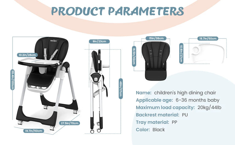 Sejoy Adjustable Baby High Chair with 5-Point Harness 3-Tier Tray & Wheels CE/CPC Certified Children's Dining Chair
