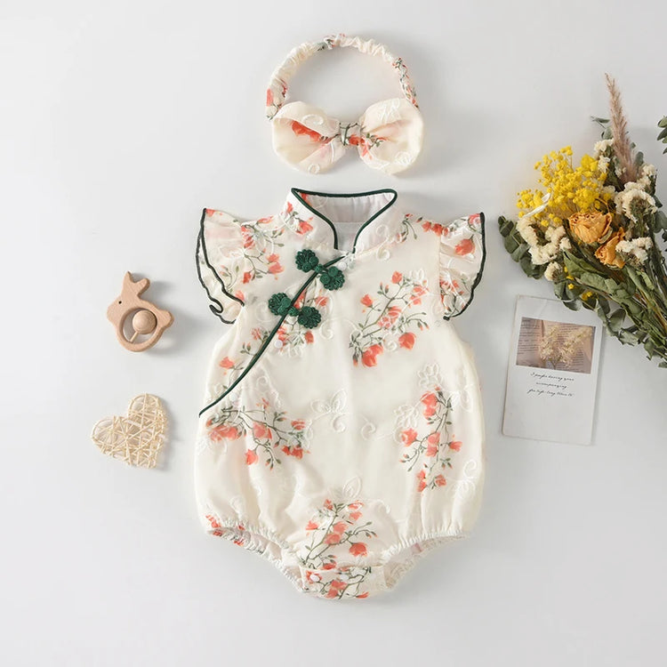 Toddler Girls Traditional Chinese Dress Set — Embroidered Floral Romper with Matching Headband, Summer Outfit