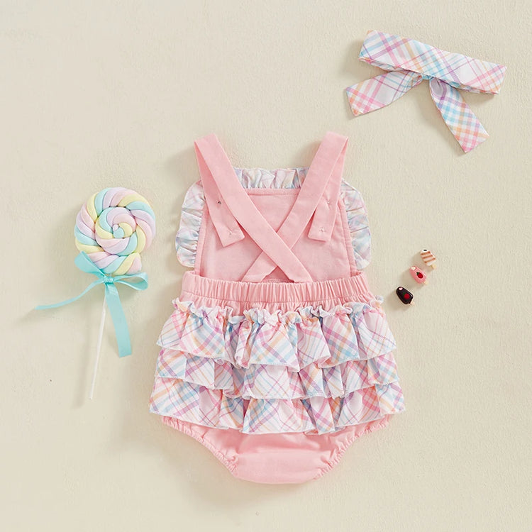 Toddler Girl Summer Watermelon Print Romper with Ruffles & Matching Headband — Sleeveless Jumpsuit Outfit Set