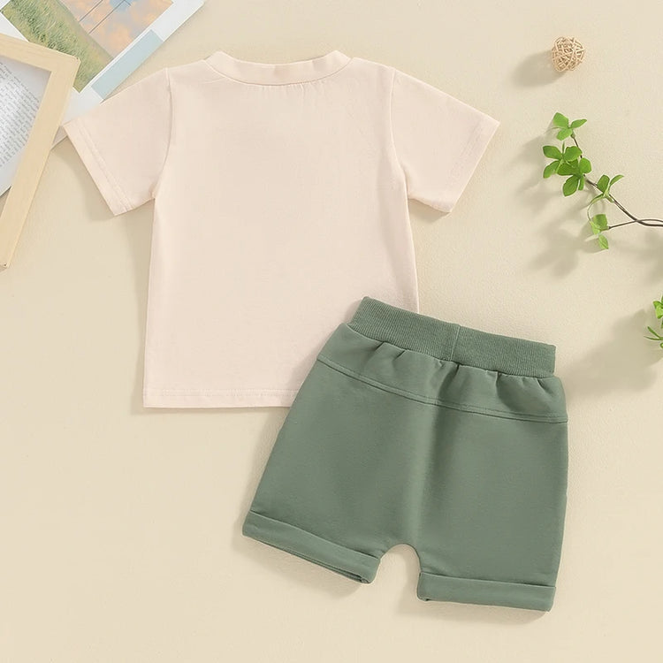 Lioraitiin Toddler Boy Shorts Set – Letter & Tractor Print T-Shirt with Solid Shorts, 2-Piece Summer Outfit