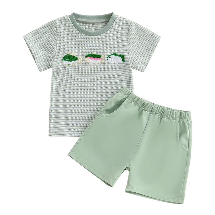 Infant Boy Summer Outfit – Cute Animal Embroidery Short Sleeve T-shirt & Plaid Shorts 2-Piece Set