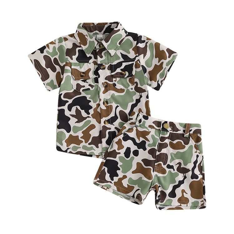 Infant Boy’s Summer Camo Print Short Sleeve Shirt & Shorts Set with Button-Down Collar – 2 Piece Outfit
