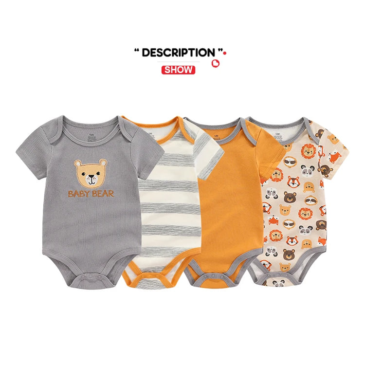Kiddiezoom 4-Piece Fashion Cartoon Newborn Jumpsuit Set – 100% Cotton Baby Boys & Girls Summer Romper Outfit