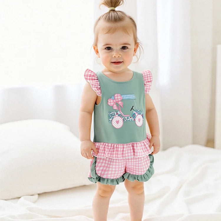 Adorable Infant Girl’s Summer Outfit – Golf Cart Embroidered Flutter Sleeve Top with Plaid Shorts 2-Piece Set