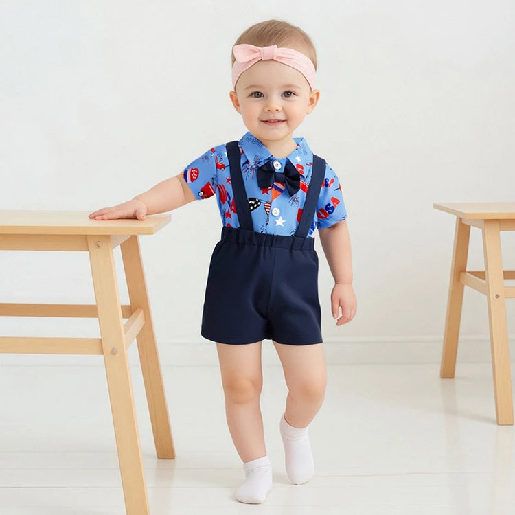 Toddler Boys 4th of July Outfit – Short Sleeve Bowtie Romper & Suspender Shorts Set – Independence Day Baby Clothes