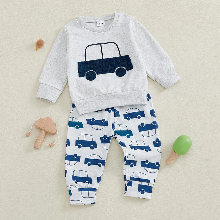 Lioraitiin Toddler Baby Boy 2-Piece Outfit – Car Embroidery Long Sleeve Pullover Sweatshirt & Elastic Waist Pants Set
