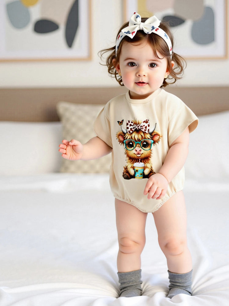 Baby Girl Highland Cow Romper – Soft Cotton Summer Bodysuit | Lioraitiin