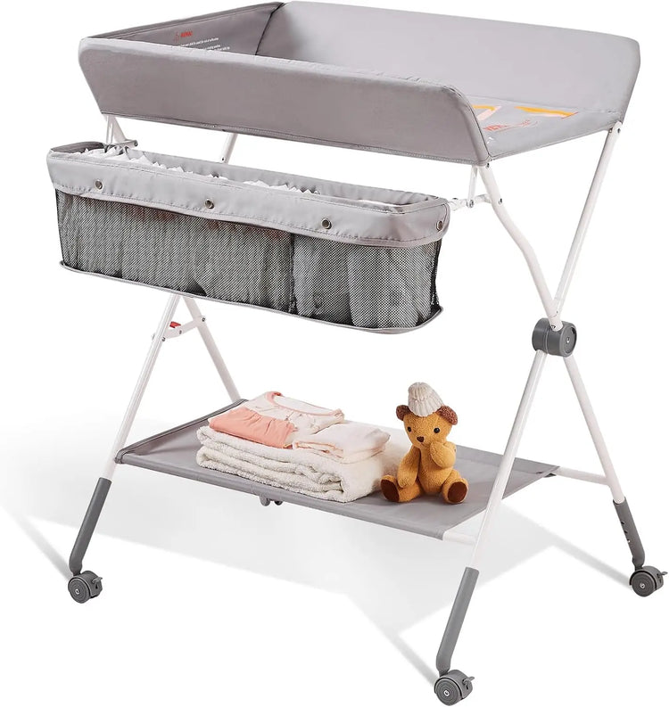 Baby Changing Table – Foldable & Portable Diaper Changing Station with Lockable Wheels, Adjustable 3-Level Height, Storage Basket & Hanging Racks for Newborns & Infants (Grey)