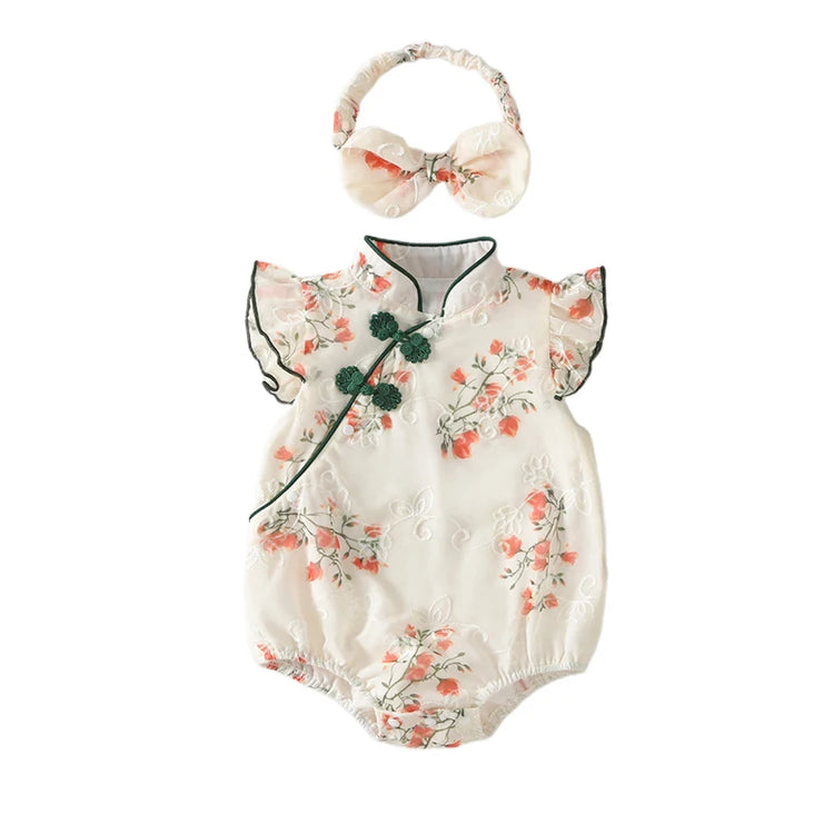 Toddler Girls Traditional Chinese Dress Set — Embroidered Floral Romper with Matching Headband, Summer Outfit