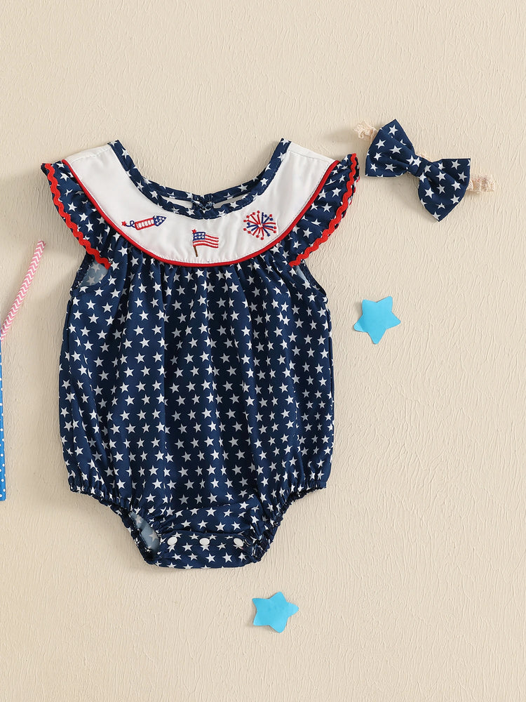 Toddler Girls 4th of July Romper – American Flag Print Sleeveless Ruffle Jumpsuit with Headband, 2-Piece Independence Day Outfit