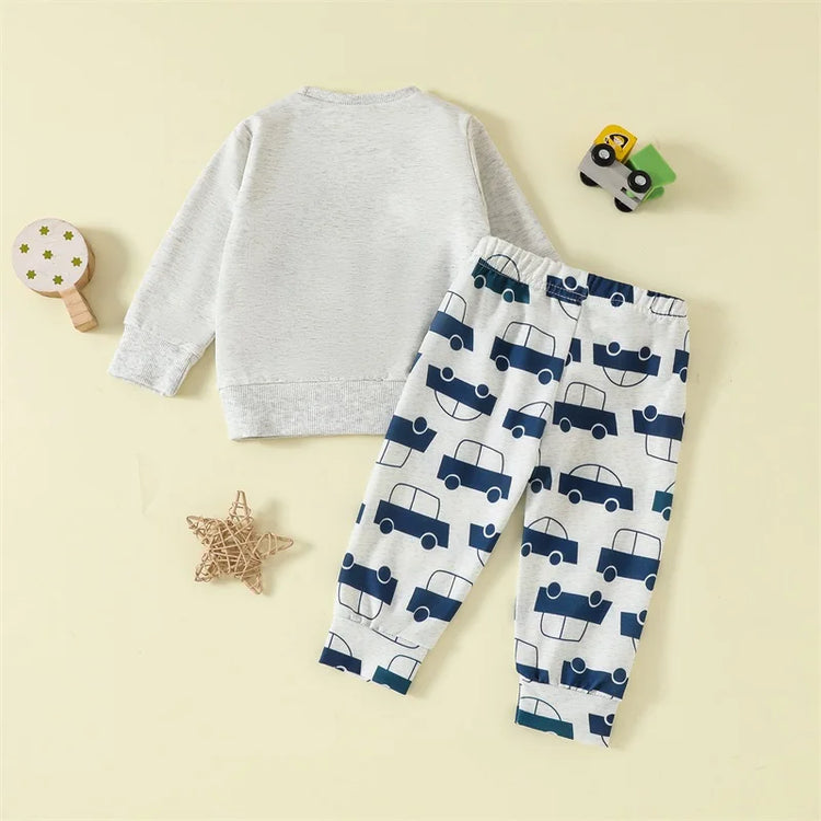 Lioraitiin Toddler Baby Boy 2-Piece Outfit – Car Embroidery Long Sleeve Pullover Sweatshirt & Elastic Waist Pants Set