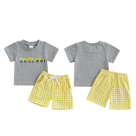 Adorable Infant Boy’s Casual Wear Set – Excavator Print T-Shirt & Plaid Shorts 2-Piece Summer Outfit for Baby & Toddler Boys (0–3 Years)