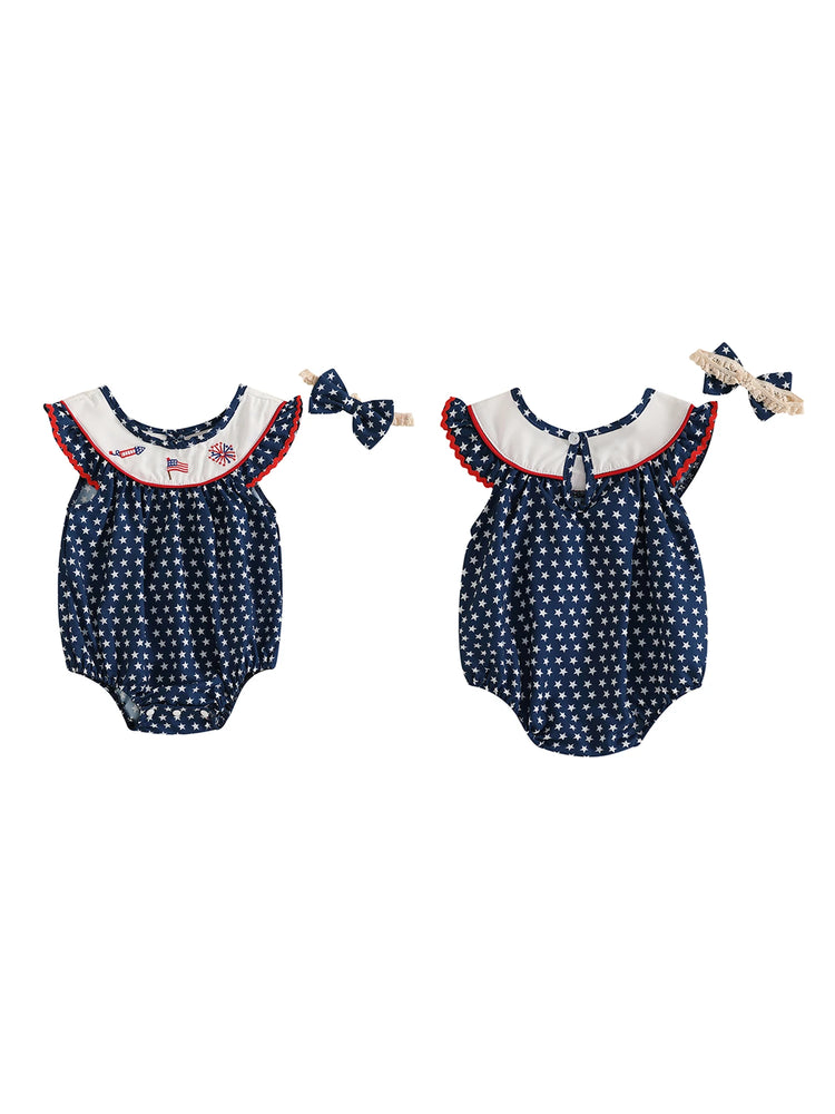 Toddler Girls 4th of July Romper – American Flag Print Sleeveless Ruffle Jumpsuit with Headband, 2-Piece Independence Day Outfit