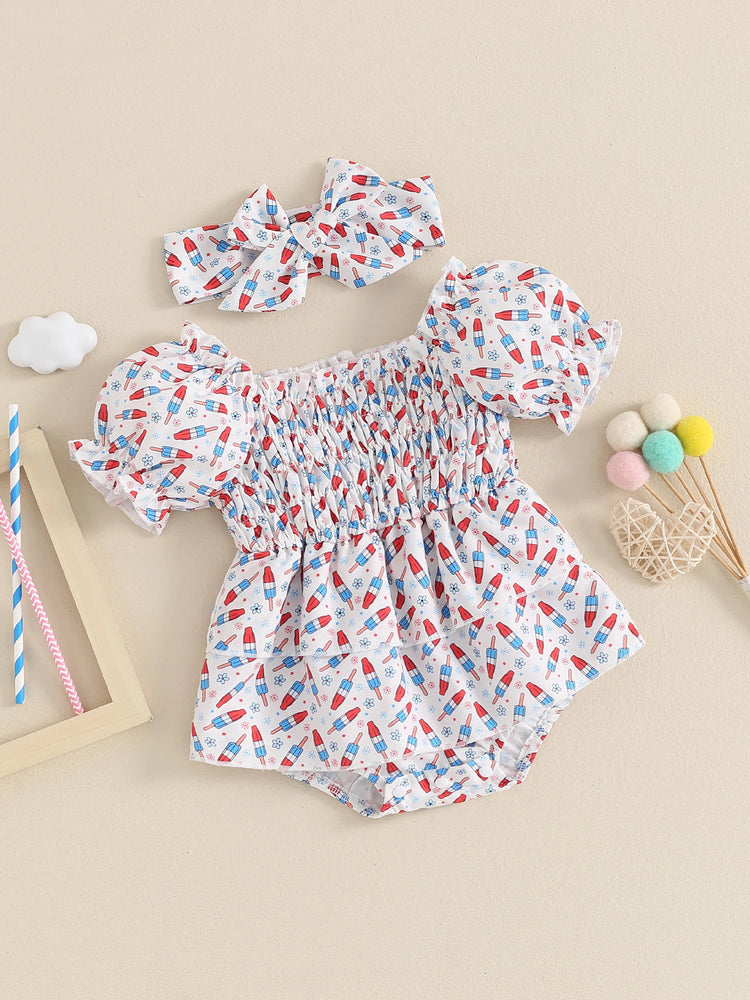Baby Girl Summer Romper – Sleeveless Watermelon Print Jumpsuit with Bow Headband – Infant Beach Outfit for 4th of July