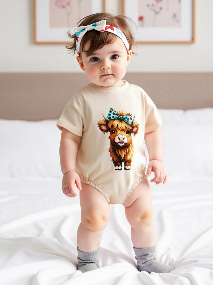 Baby Girl Highland Cow Romper – Soft Cotton Summer Bodysuit | Lioraitiin