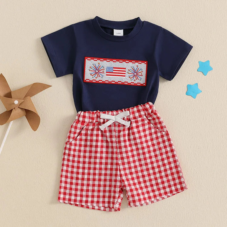 Lioraitiin Toddler Baby Boy 4th of July Outfit – Short Sleeve Truck & Flag Embroidery T-Shirt with Matching Shorts Set