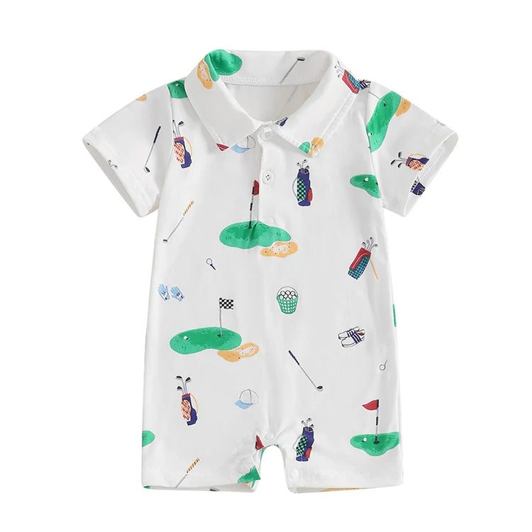 Infant Golf Romper – Unisex Baby Boy or Girl Summer Bodysuit with Half Button-Up, Lapel Neck & Short Sleeves