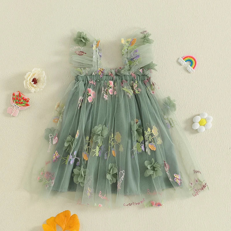 Toddler Girl Sleeveless Floral Embroidered Tulle Dress with Ruffle Square Neckline – Princess Party Dress for Baby Girl