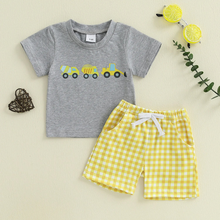 Adorable Infant Boy’s Casual Wear Set – Excavator Print T-Shirt & Plaid Shorts 2-Piece Summer Outfit for Baby & Toddler Boys (0–3 Years)