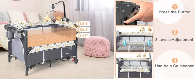Pack and Play, 5 in 1 Baby Bedside Sleeper with Bassinet, Diaper Changer, Mattress, Carry Bag, Music Box Hanging Toys (Bear)