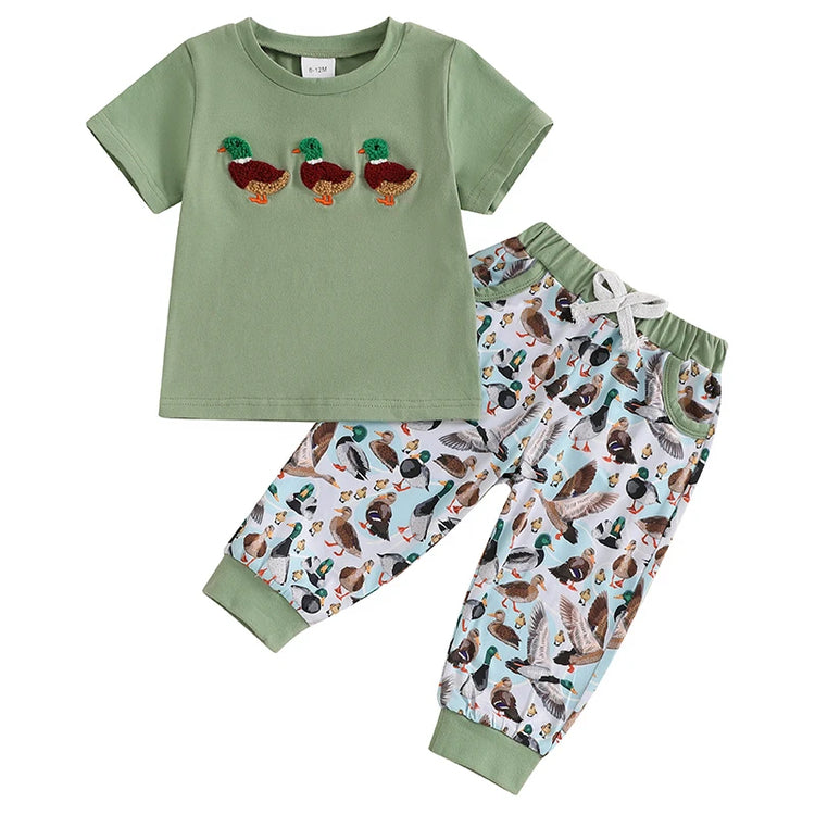 Lioraitiin Baby Boys Summer Outfit Set – Duck Embroidery Short Sleeve T-Shirt & Elastic Waist Pants (1-3 Years)