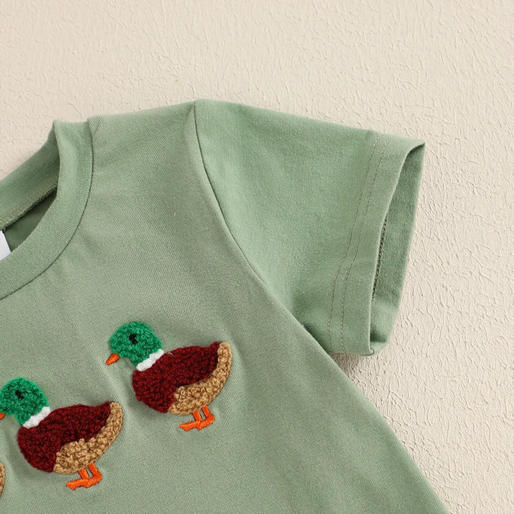 Lioraitiin Baby Boys Summer Outfit Set – Duck Embroidery Short Sleeve T-Shirt & Elastic Waist Pants (1-3 Years)